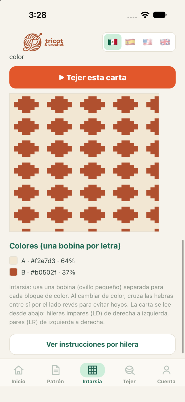 Carta de colores generada por Tricot con su lista de bobinas