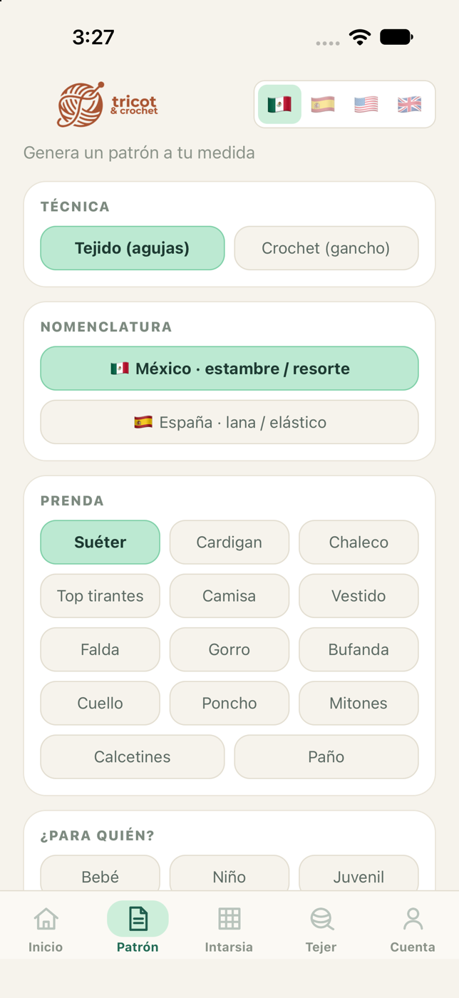 Pantalla de Tricot para elegir técnica, nomenclatura y prenda